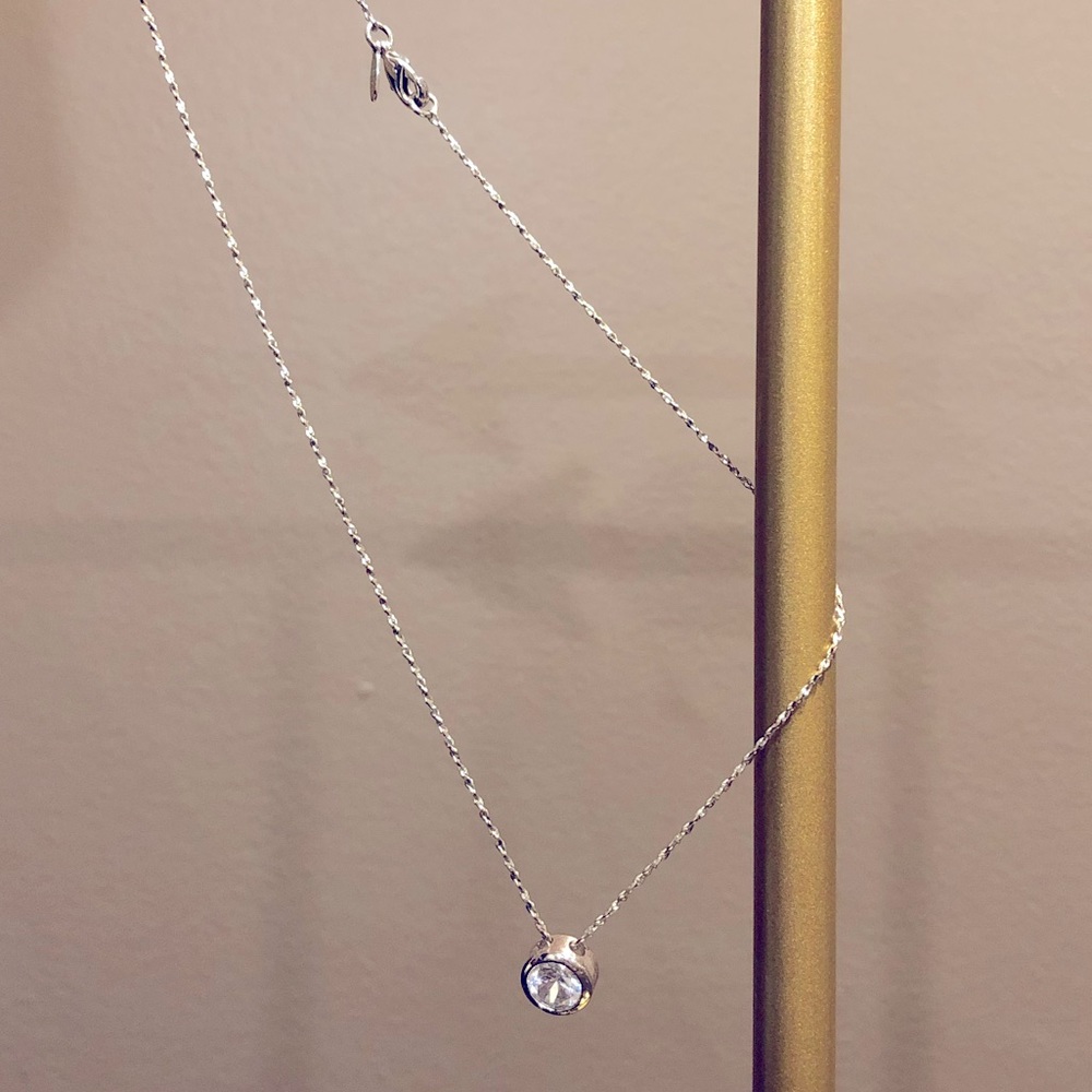 Cubic Zirconia Round Cut Necklace. Silver. 16 inch total length.